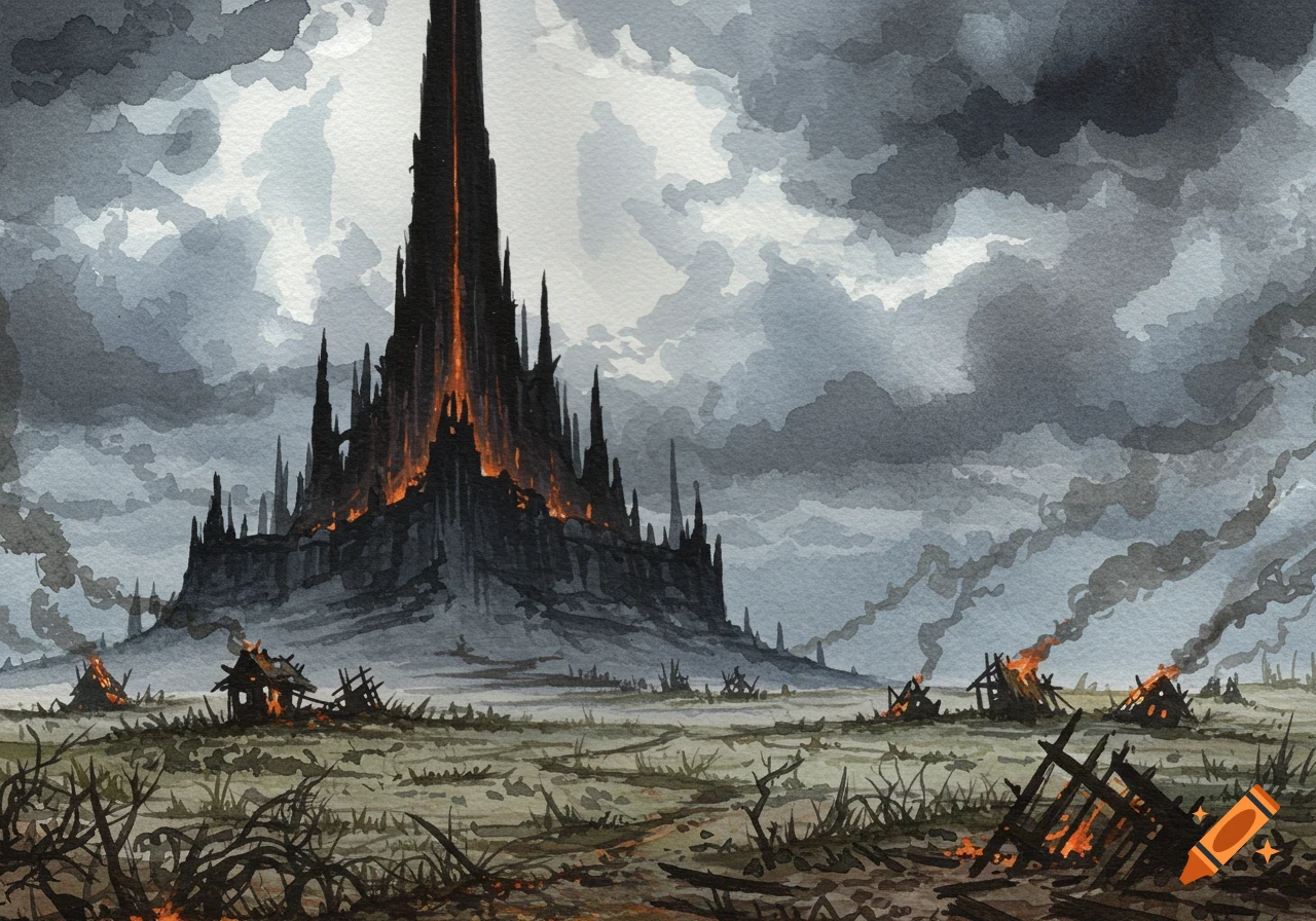 Watercolor painting of an imposing black tower glowing with orange light, surrounded by burning ruined villages under a stormy sky.