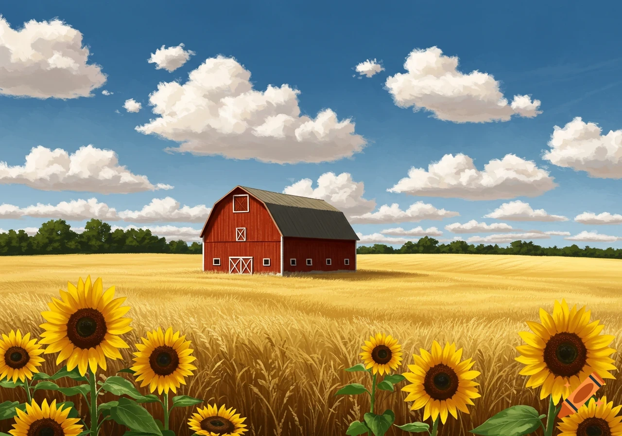 A red barn stands in a golden wheat field under a blue sky with white clouds, with bright sunflowers in the foreground, in an illustrative style.
