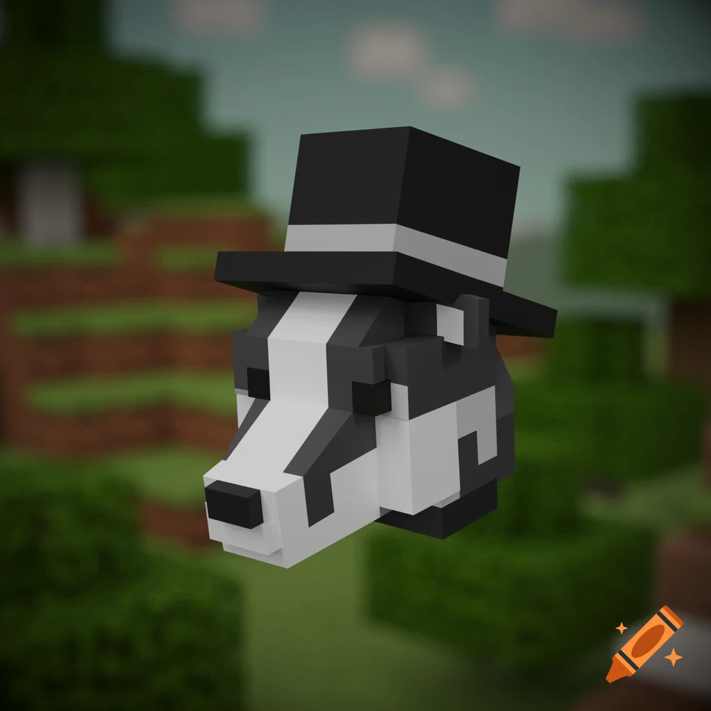 A pixelated, Minecraft-style badger head wearing a black top hat, set against a blurry blocky landscape.