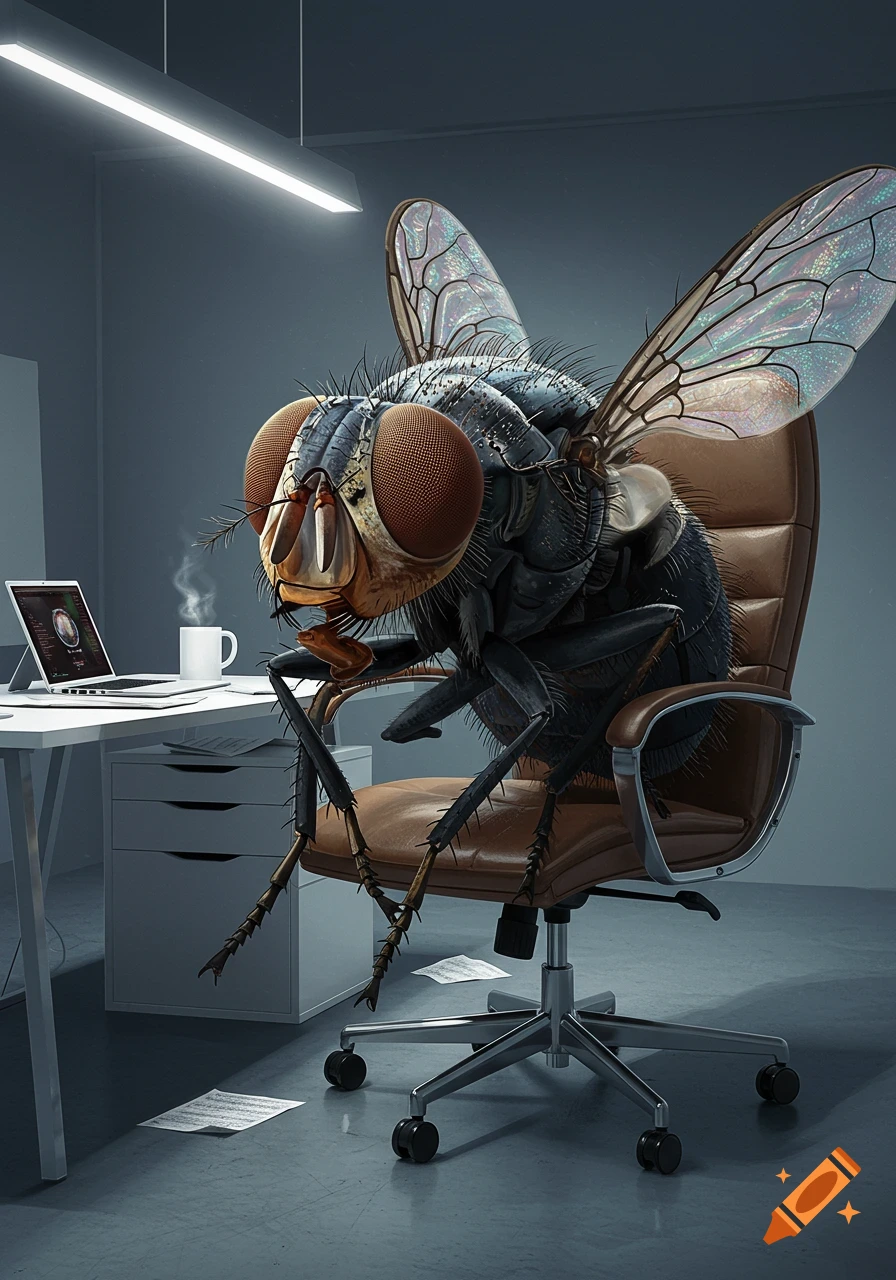 A giant photorealistic fly sits in an office chair at a desk with a laptop and coffee mug, papers on the floor.