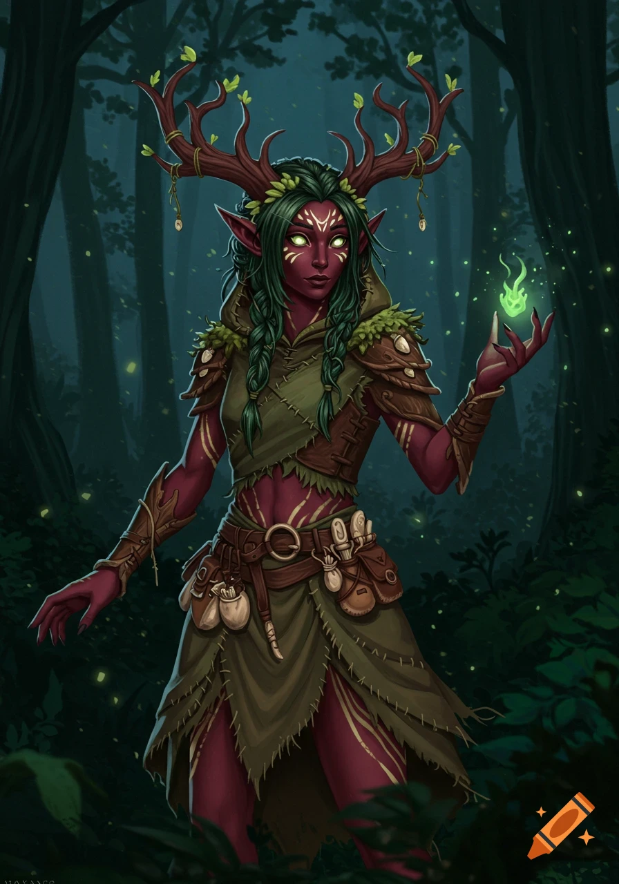 A detailed illustration of a fantastical, red-skinned, antlered woman with glowing eyes and green hair, wearing nature-themed clothing, holding a green flame in a dark forest.