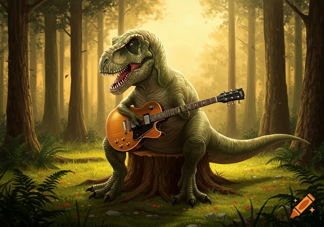 An illustration of a green T-Rex sitting on a tree stump in a sunlit forest, playing an orange electric guitar.