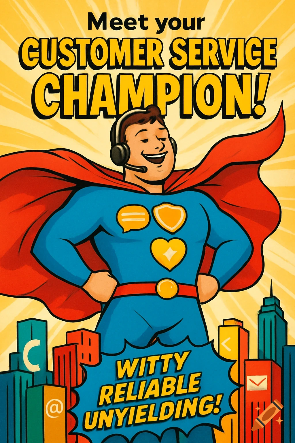 A colorful comic-style poster of a customer service superhero in a blue suit and red cape, standing in front of a city skyline. Text promotes him as a 'CUSTOMER SERVICE CHAMPION' with 'WITTY RELIABLE UNYIELDING' powers.