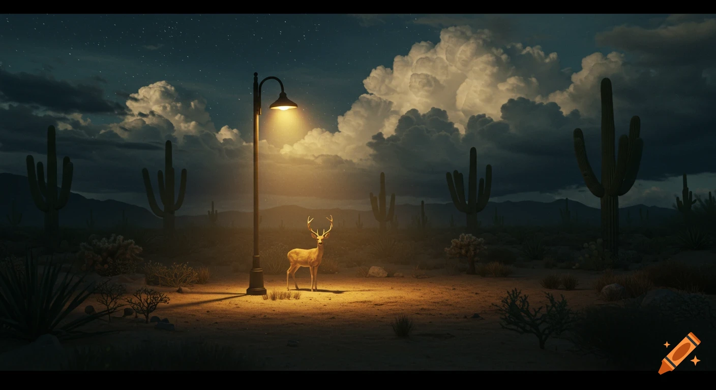A solitary deer stands bathed in light under a vintage lamppost in a dark, surreal desert night with saguaro cacti and dramatic clouds.