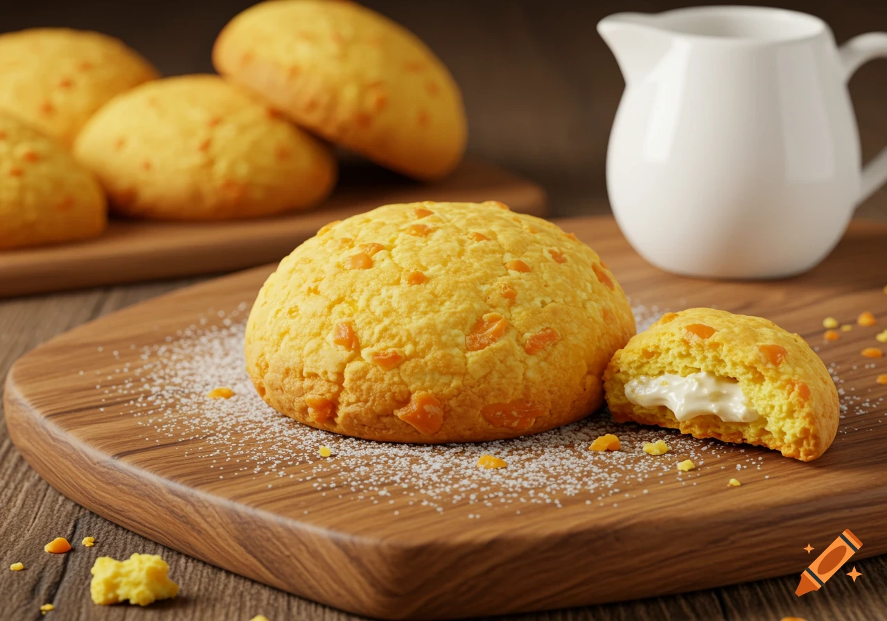 Photorealistic golden buns with creamy filling on a wooden board, with a white pitcher in the background.