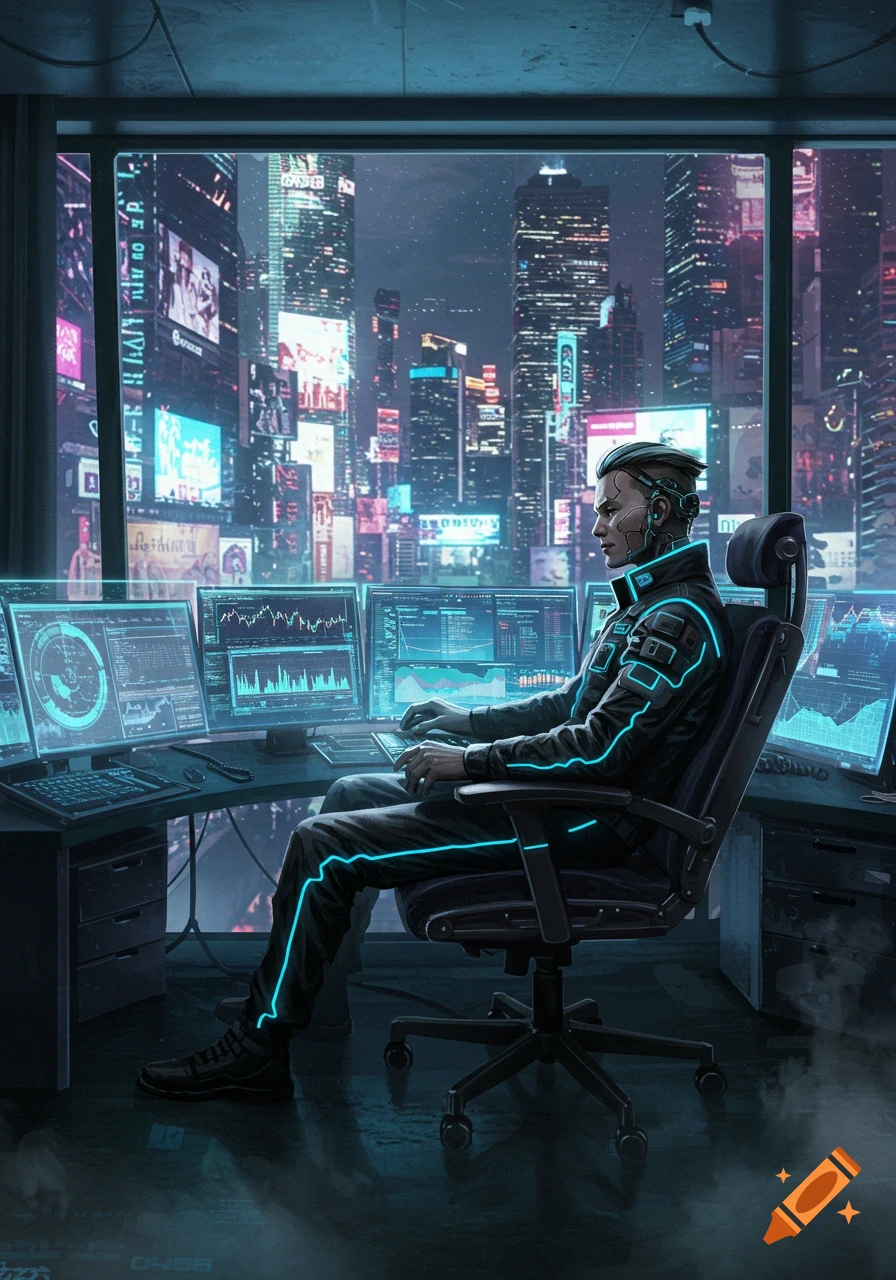 A cyberpunk man sits at a desk in a high-rise office, surrounded by multiple computer monitors displaying data, with a neon-lit futuristic city visible outside the window.