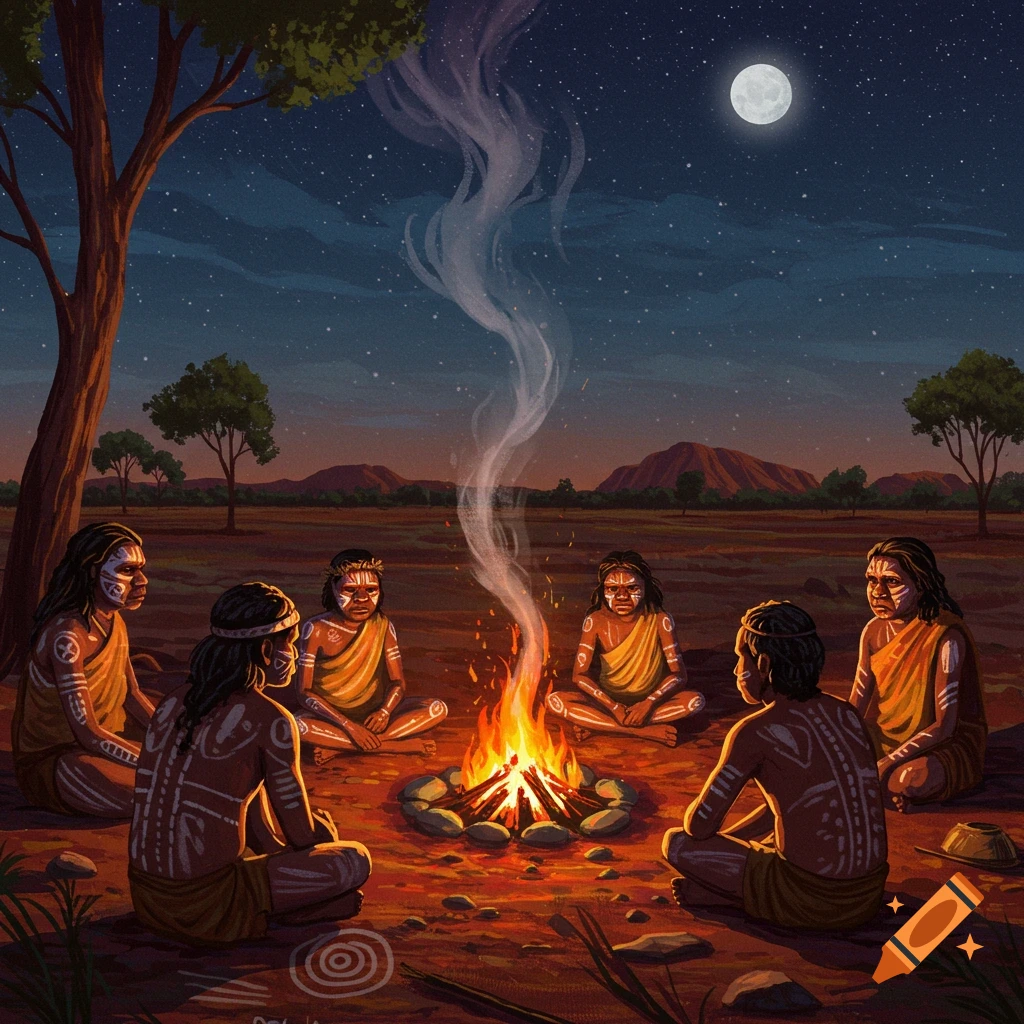 Illustration of Indigenous people with white body paint sitting around a campfire under a starry night sky and full moon.