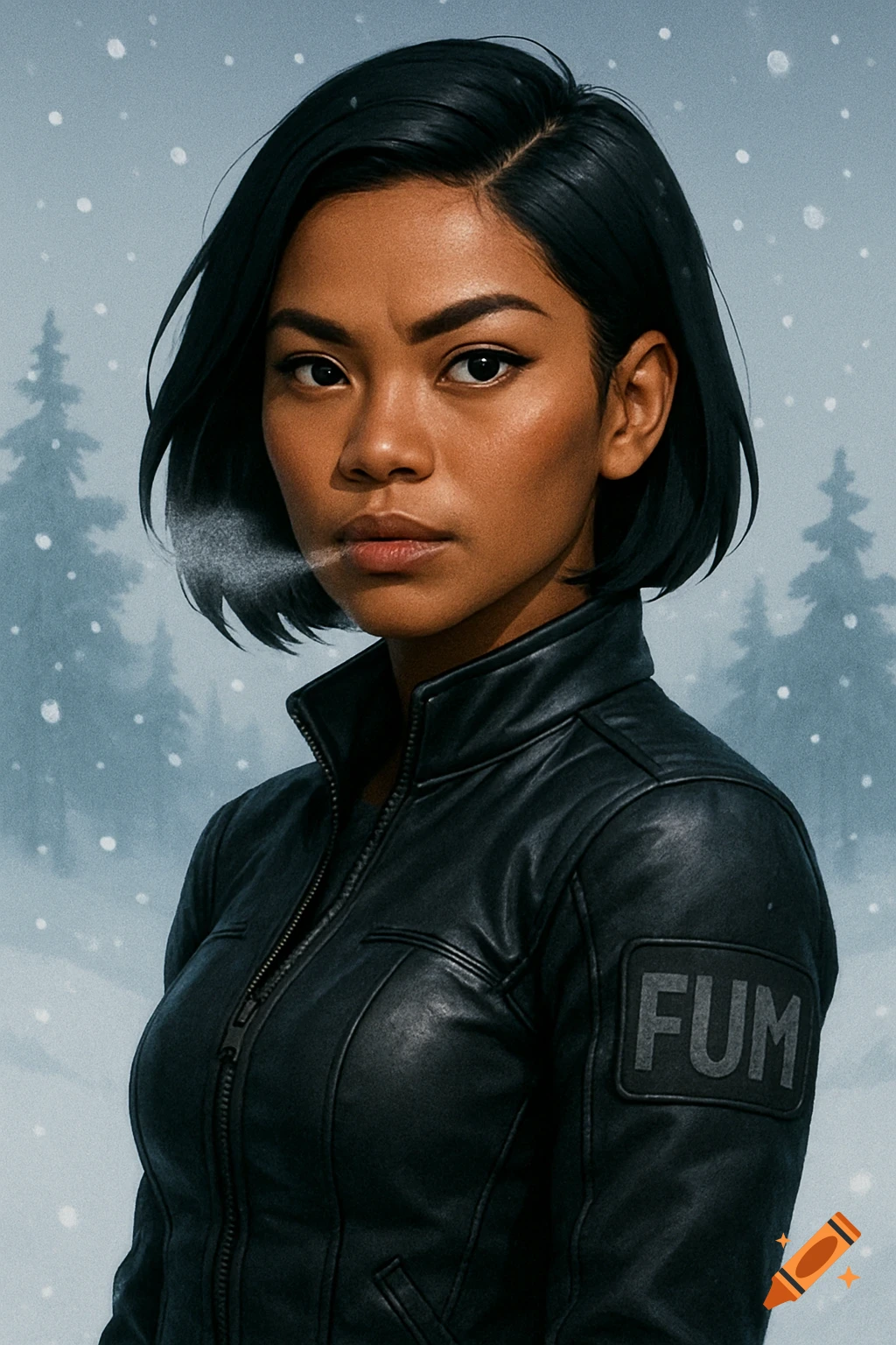 A dark-haired woman in a black leather jacket exhales vapor in a snowy winter forest background.