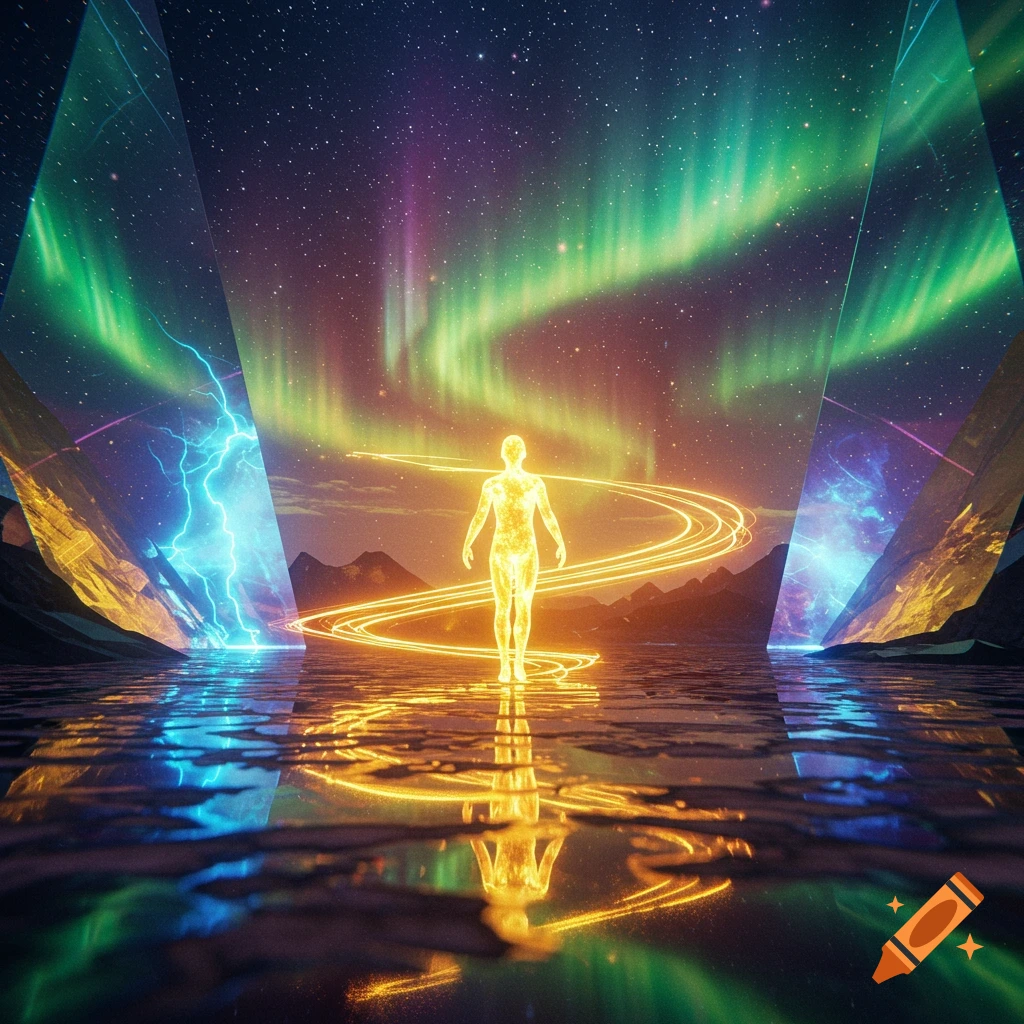 A glowing, golden human figure stands on water, surrounded by swirling light trails under a vibrant aurora borealis and starry night sky.