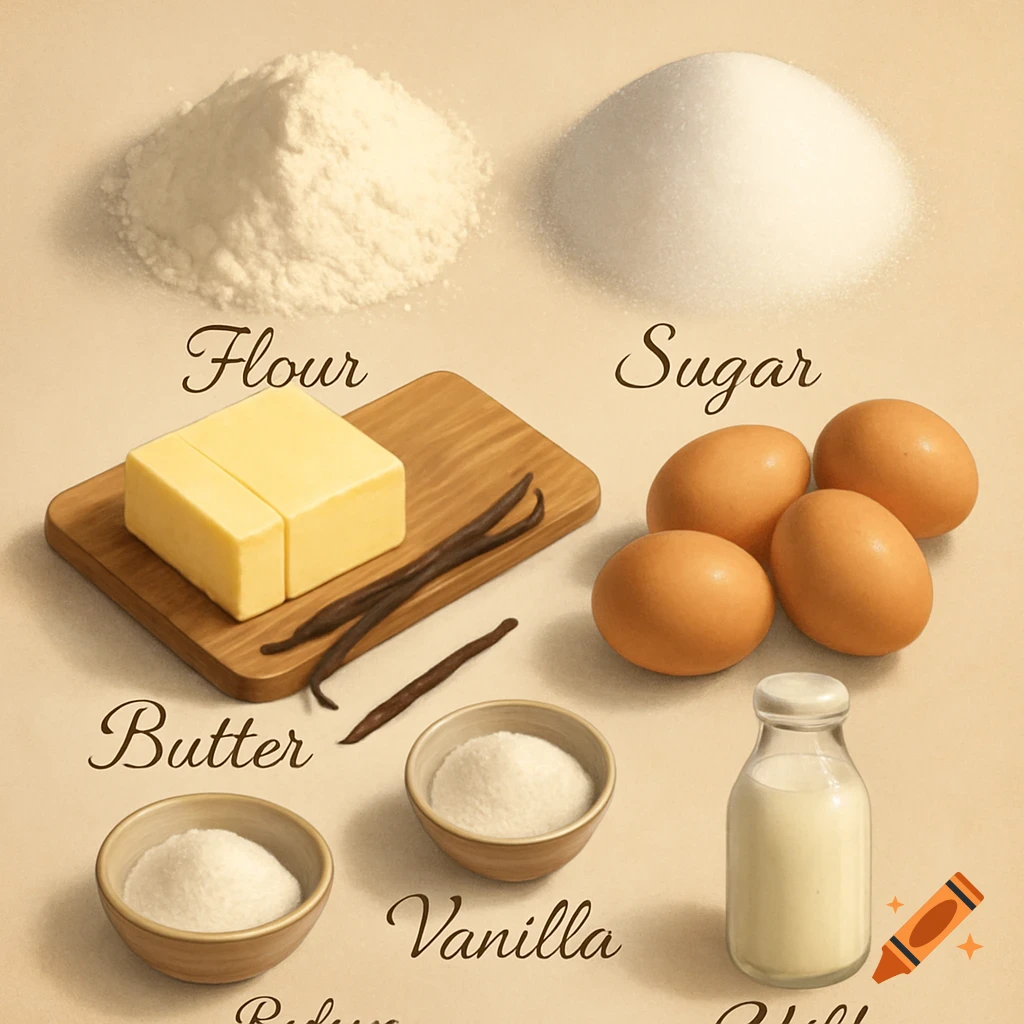 Various baking ingredients including flour, sugar, butter, vanilla beans, eggs, and milk, with labels on a light background.