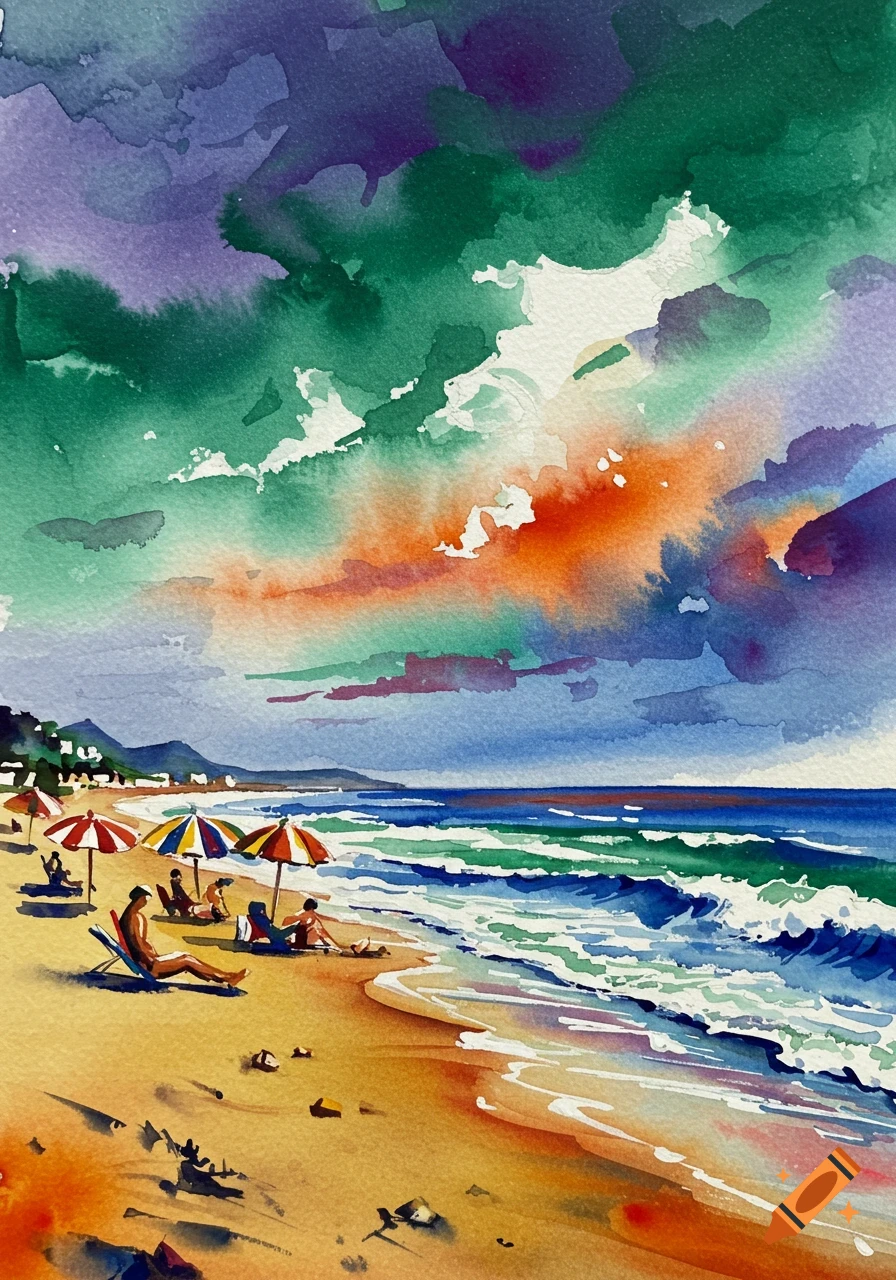 Vibrant expressionist watercolor painting of a lively beach scene with people, umbrellas, and colorful sky.