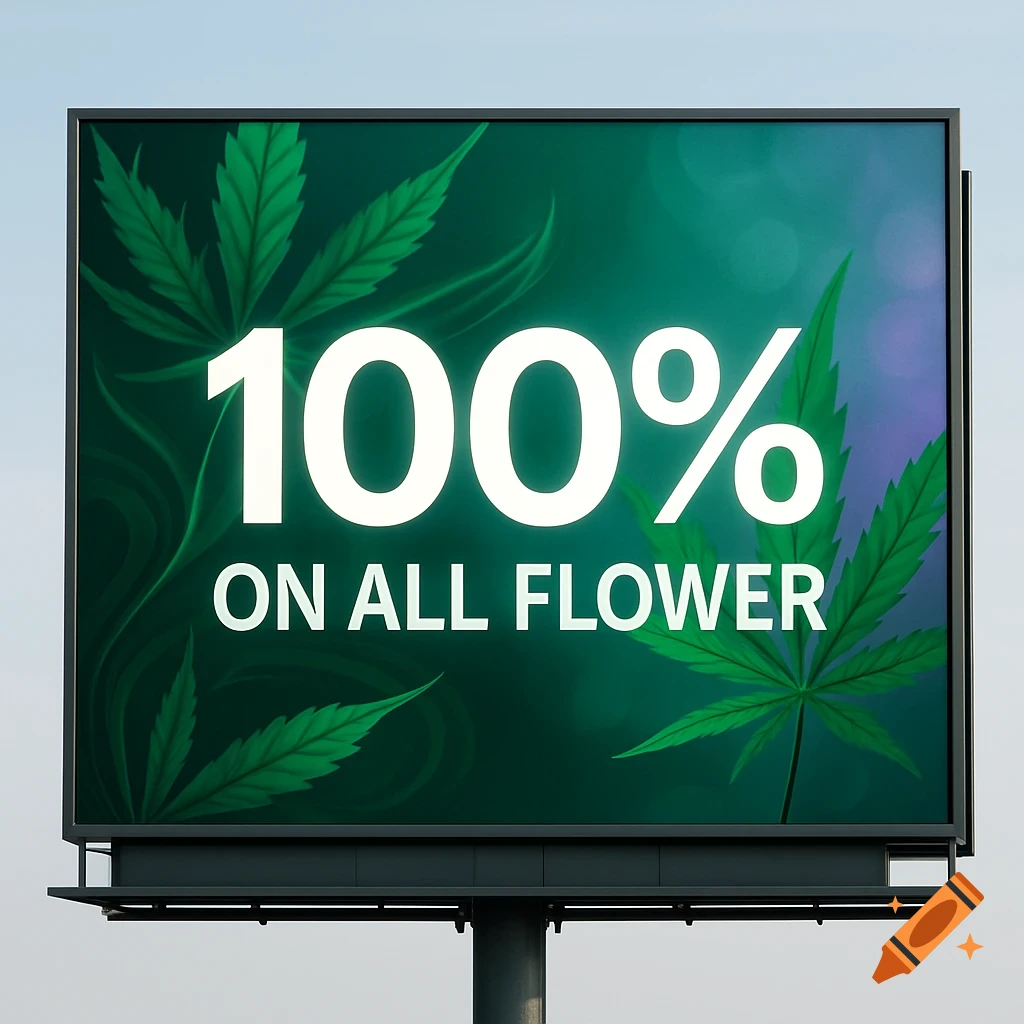 A photorealistic billboard advertisement with a green background, cannabis leaves, and white text '100% ON ALL FLOWER'.