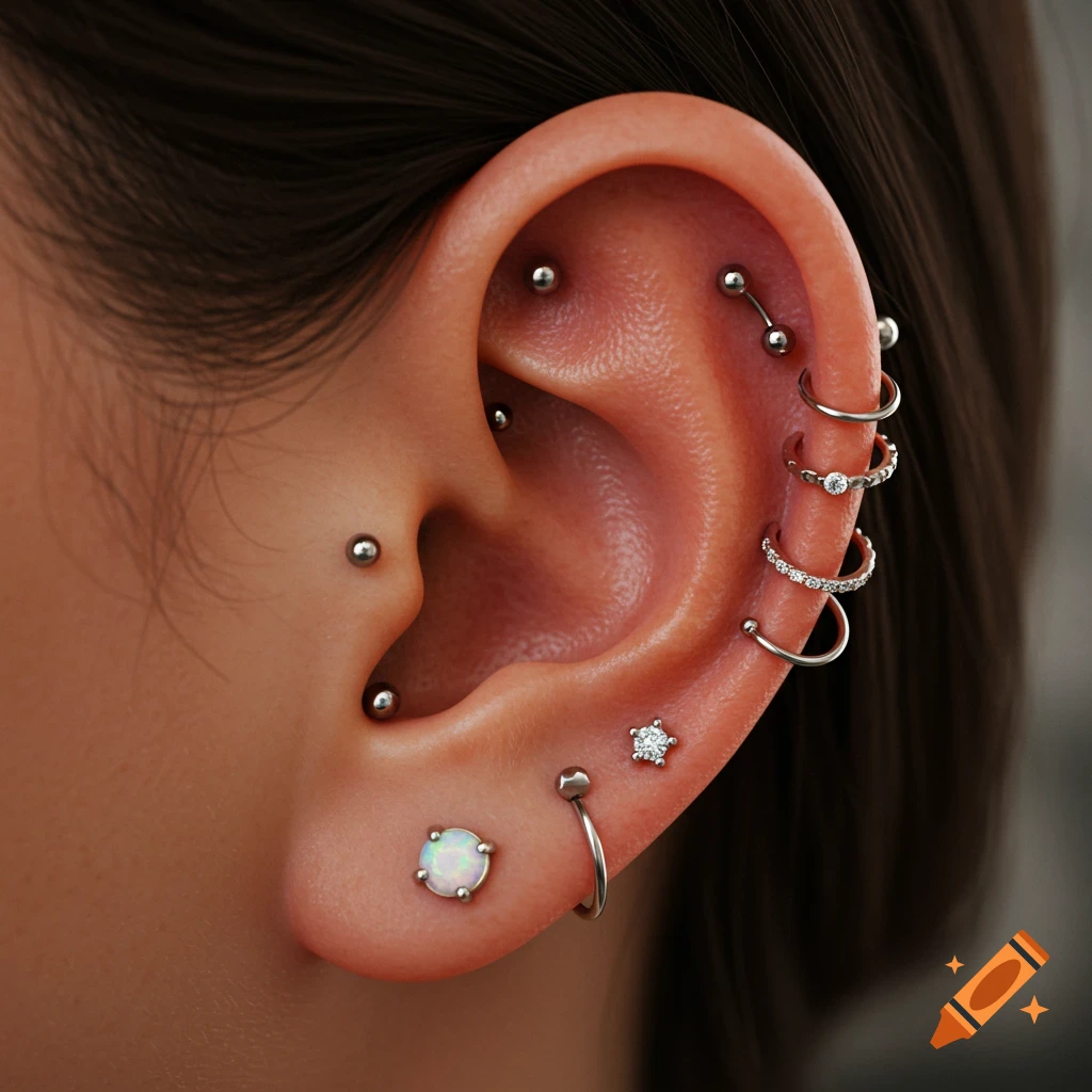 Close-up, photorealistic view of a human ear with multiple piercings, including lobe, helix, daith, and tragus piercings.