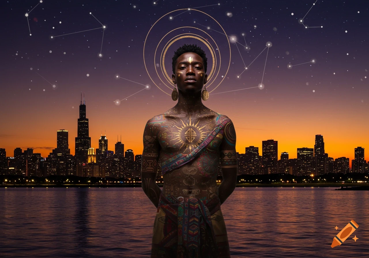 A Black man with intricate gold body paint and jewelry stands before a Chicago skyline at sunset, under a starry sky with constellations.