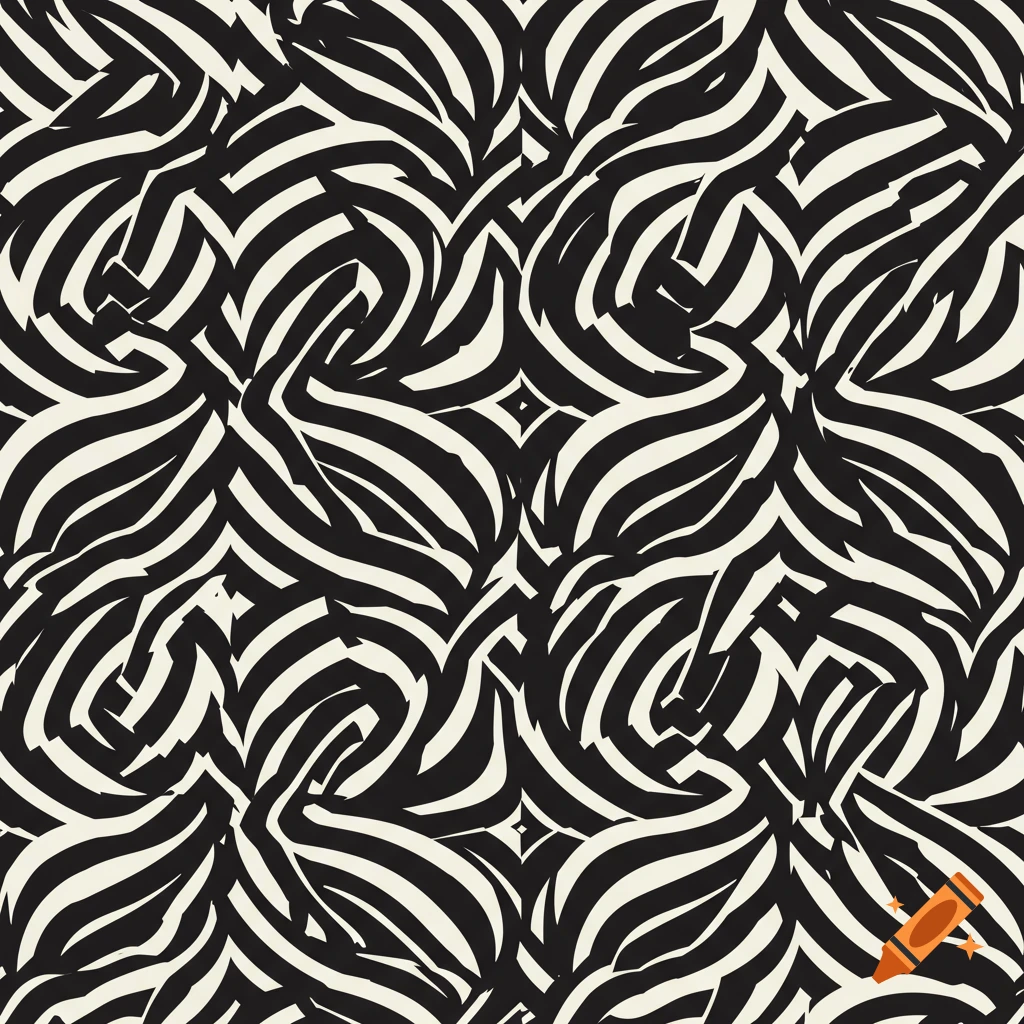A bold black-and-white abstract pattern of weaving ribbons or strands.