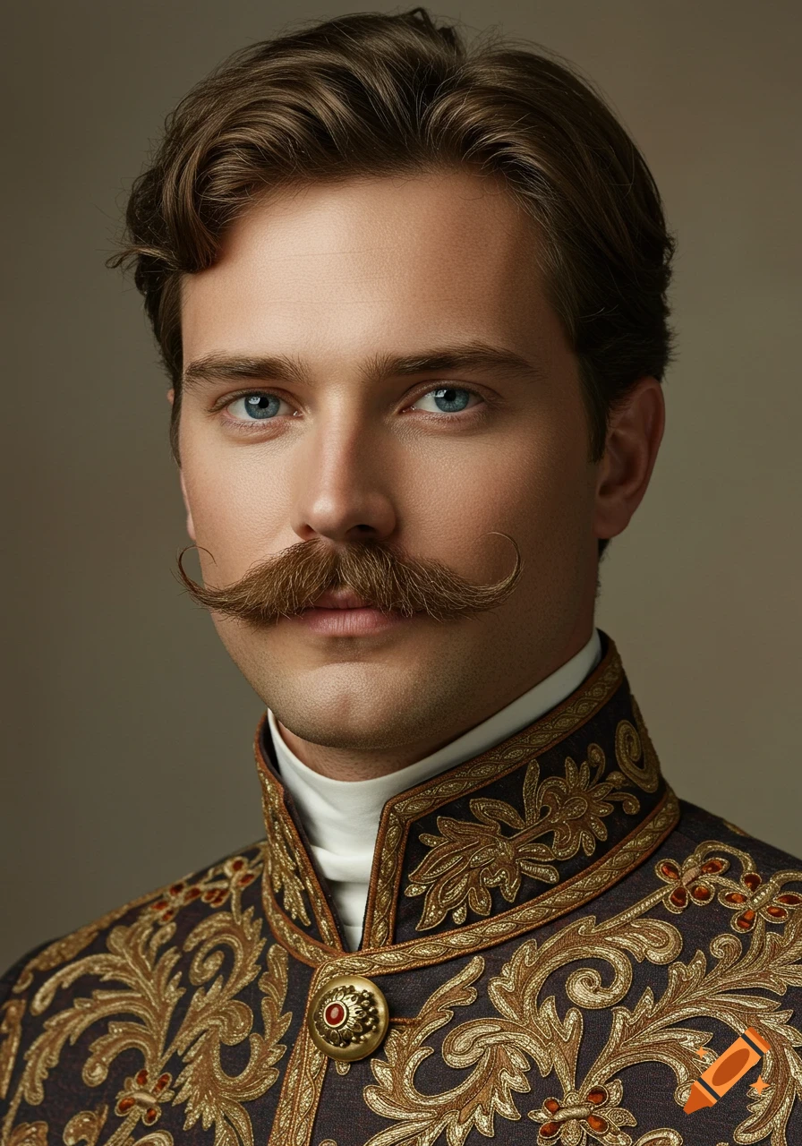 Photorealistic portrait of a man with a styled mustache, brown hair, and blue eyes, wearing an ornate historical-style monarch costume.