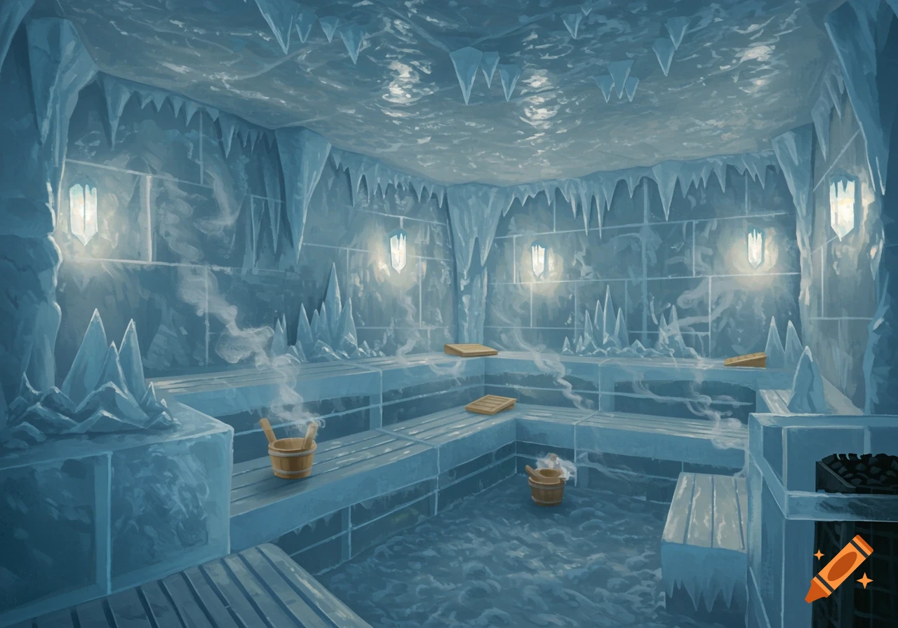 An ice sauna room with steam rising from wooden buckets on benches, illuminated by glowing wall sconces.
