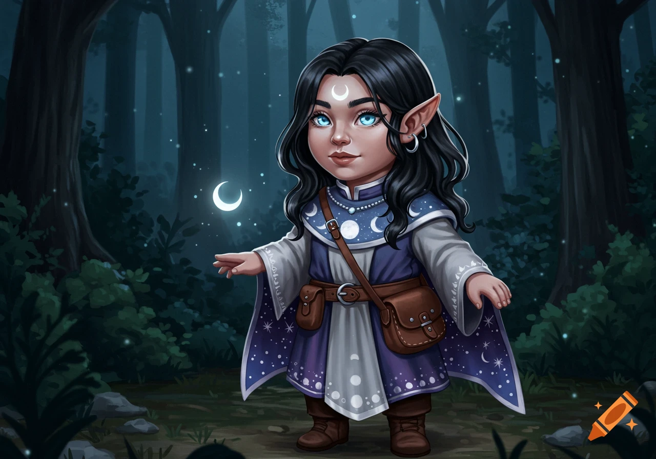 A fantasy illustration of a small, dark-haired halfling cleric with blue eyes and pointy ears, standing in a moonlit forest.