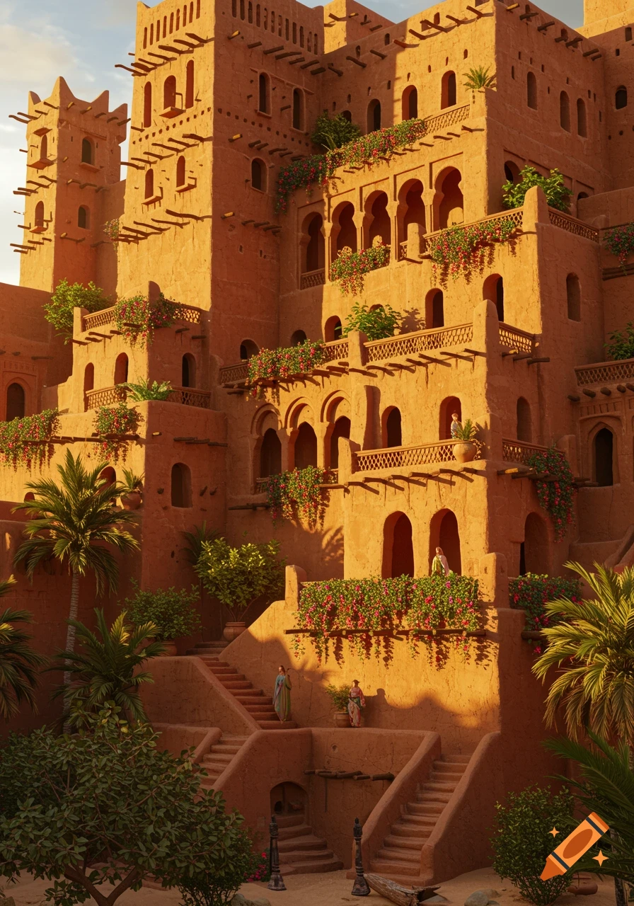 A towering mud clay palace with many balconies and stairs, adorned with lush green plants and vibrant pink flowers, bathed in sunlight.