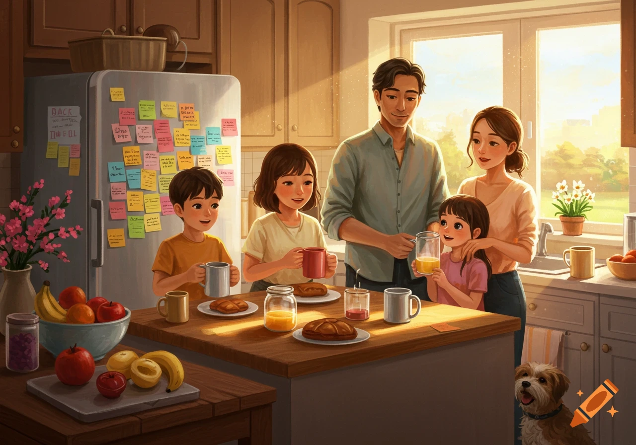 A family, including parents and two children, gather around a kitchen island for breakfast in a brightly lit kitchen. A dog sits by the counter.