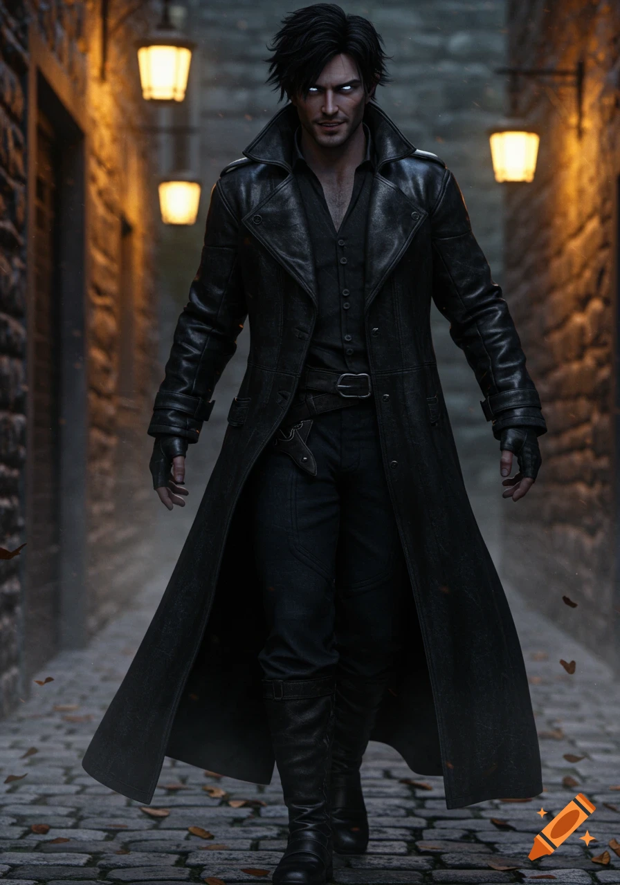Photorealistic male character in black leather duster with glowing white eyes walks down a dark, lantern-lit cobblestone alley.