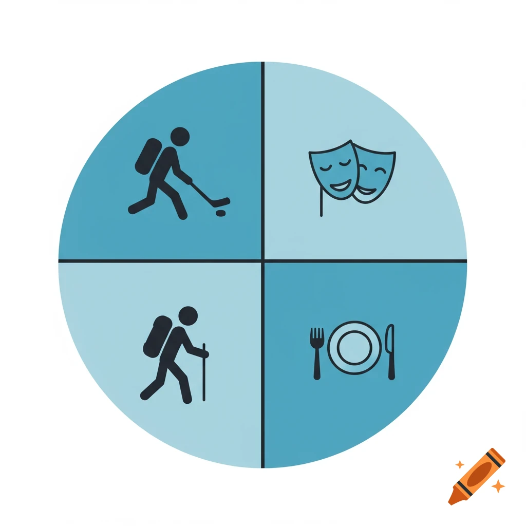 A cyan circle divided into four quadrants, each with a black icon: a person playing hockey, theater masks, a person hiking, and a place setting.