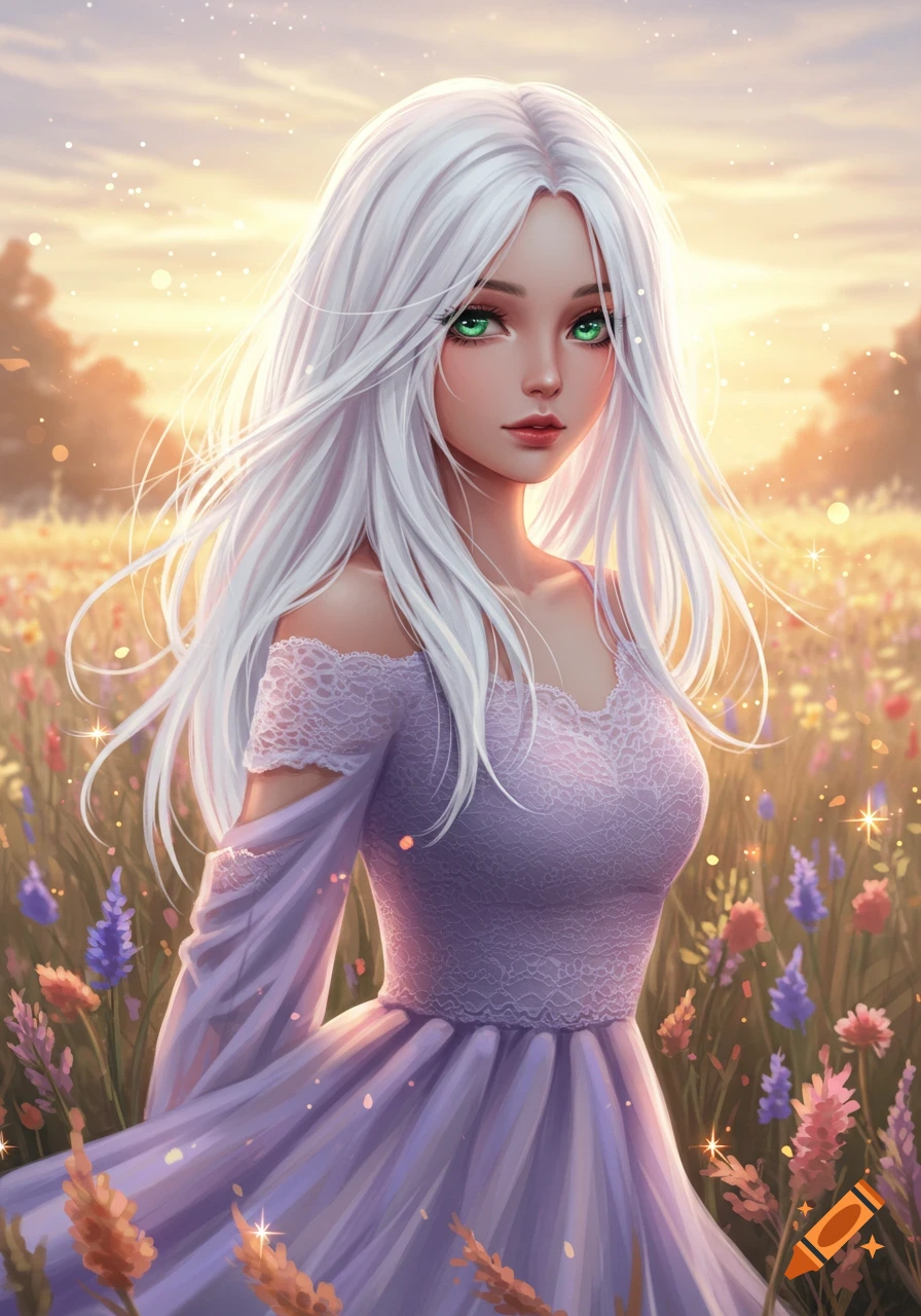 Anime girl with long white hair and striking green eyes, wearing a lavender lace dress, standing in a field of colorful flowers at sunset.