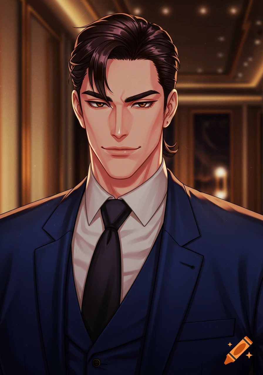 Anime portrait of a man with dark hair and brown eyes, wearing a dark blue suit, white shirt, and black tie, with a slight smirk.