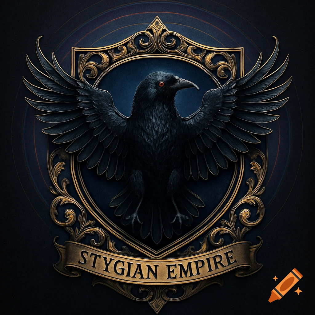 A detailed, dark blue and gold emblem featuring a black raven with spread wings on a shield, with a banner below reading 'STYGIAN EMPIRE'.