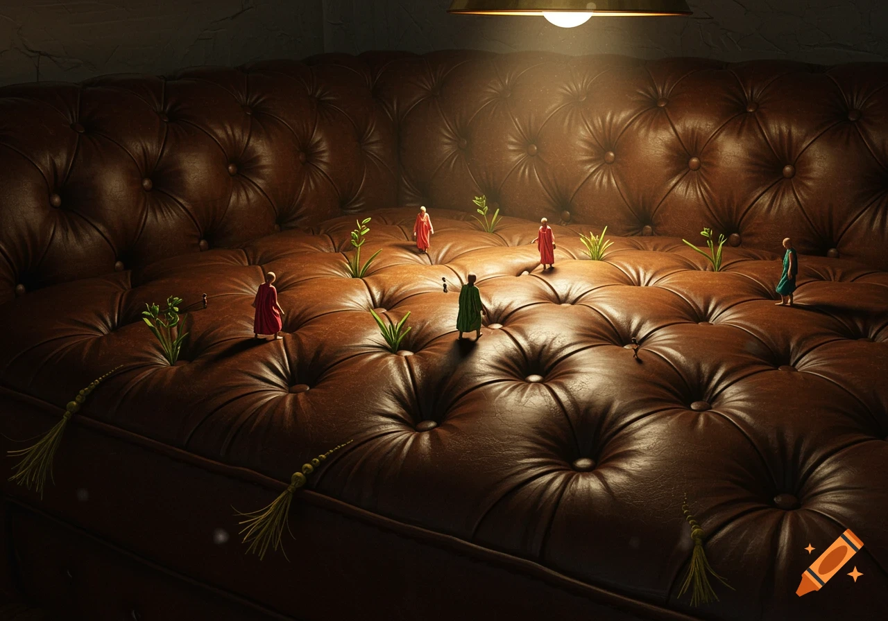 Miniature figures and small plants on a large, brown tufted leather sofa, lit by an overhead lamp.