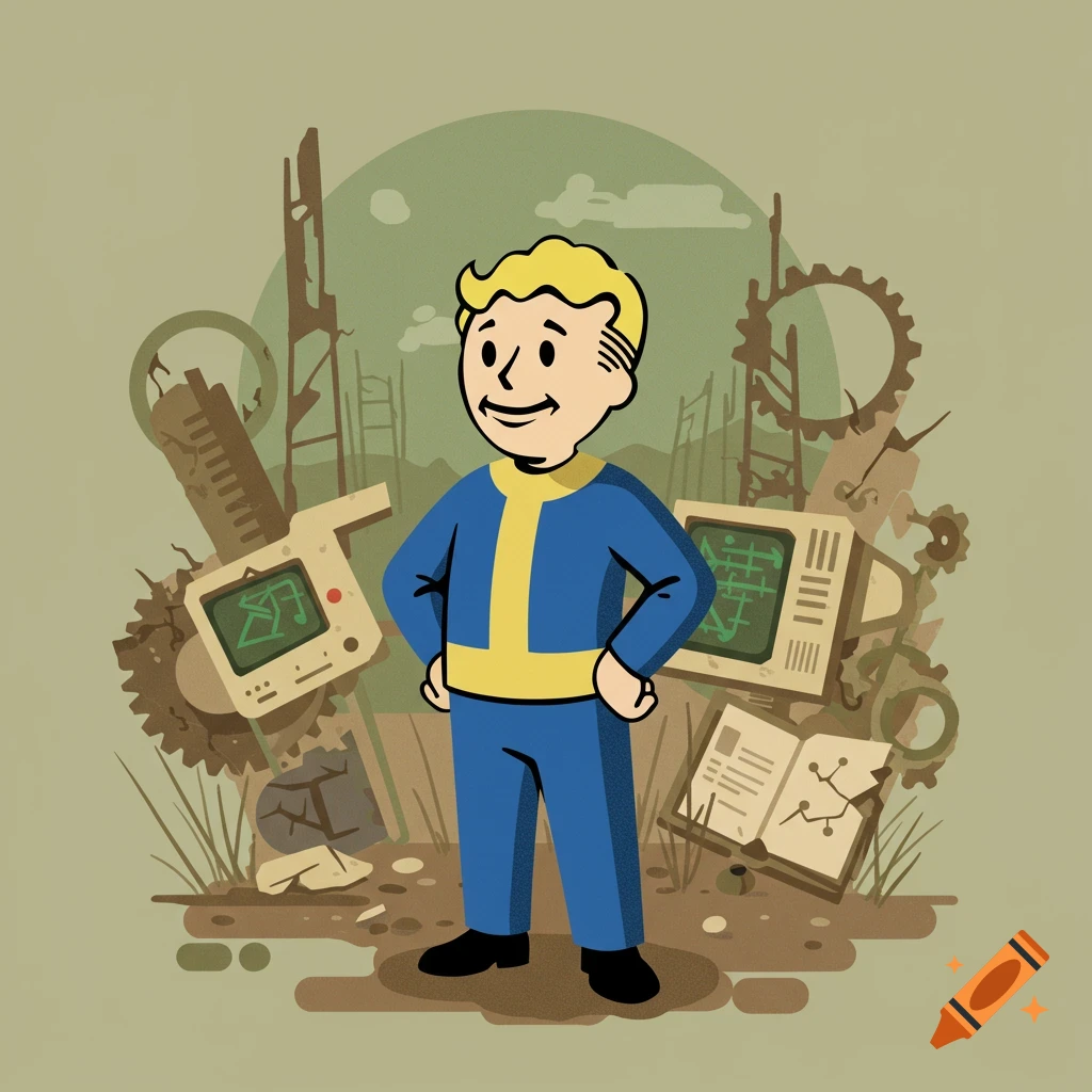 A cartoon illustration of Vault Boy from Fallout, standing in a wasteland with broken machinery and structures.