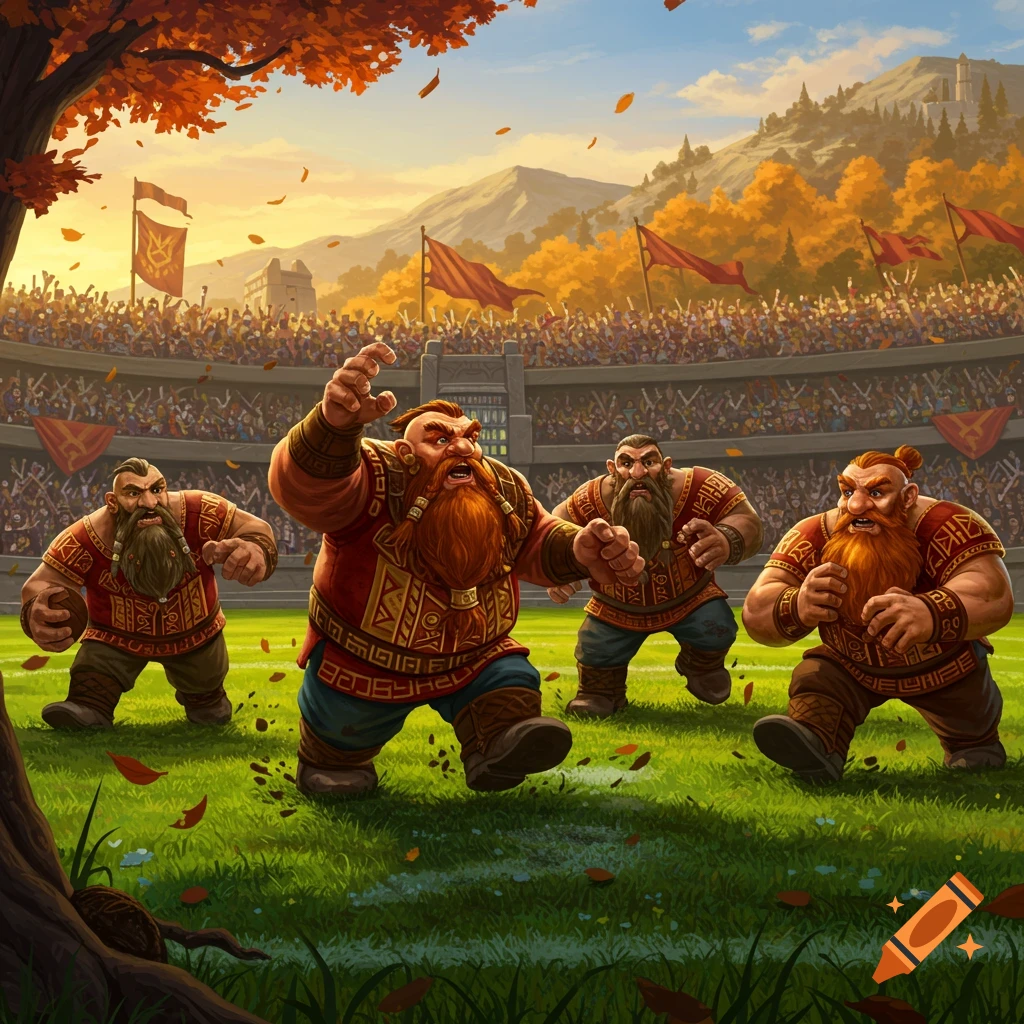 Four fantasy dwarves with beards playing football on a grassy field in a stadium, autumn leaves falling.