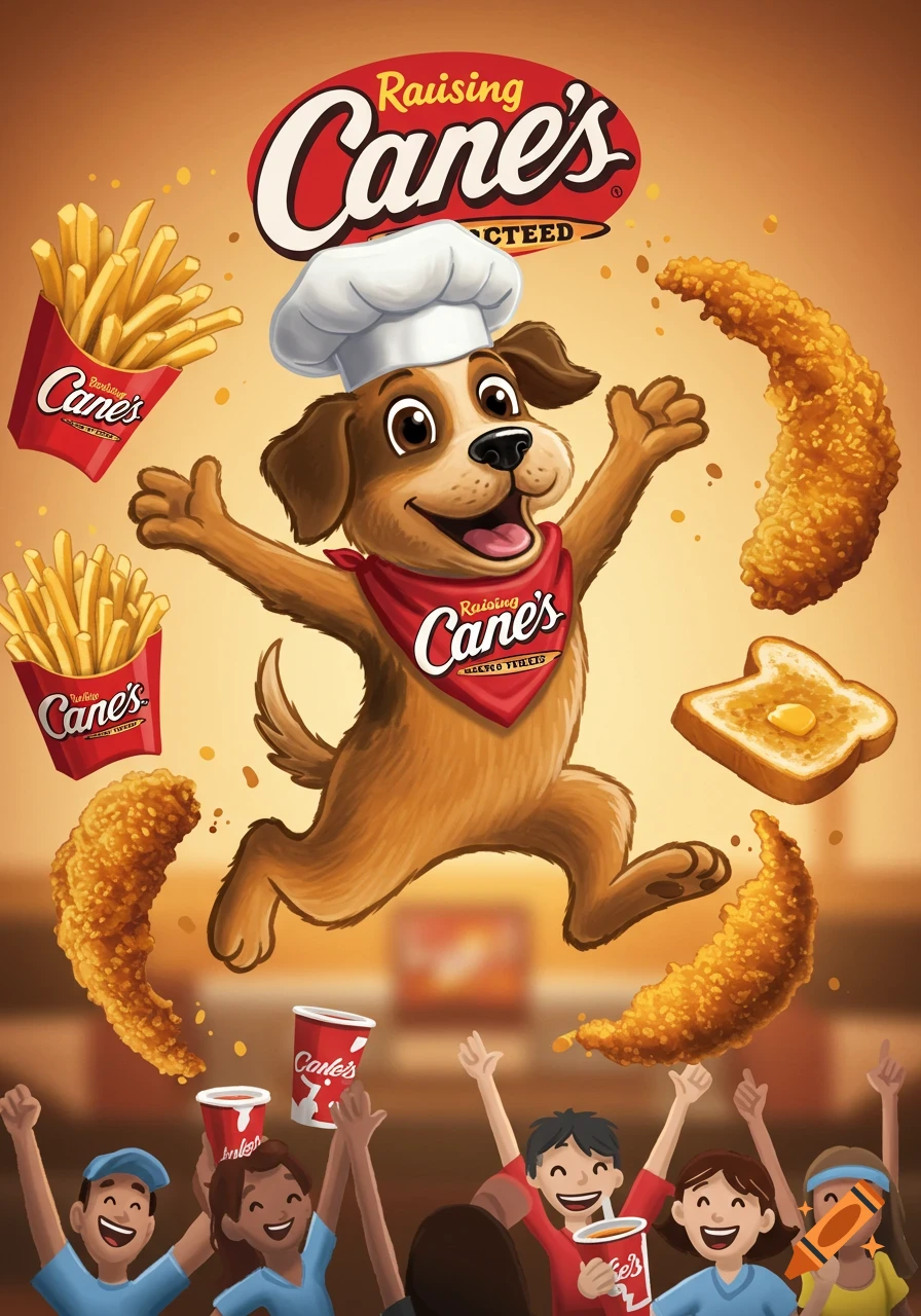 A cartoon dog chef jumps with fries, chicken, and toast, surrounded by happy people in a restaurant setting.