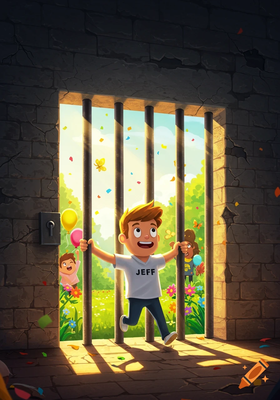 A cartoon boy wearing a "JEFF" shirt grins, stepping out of a jail cell into a bright, confetti-filled park with other children.