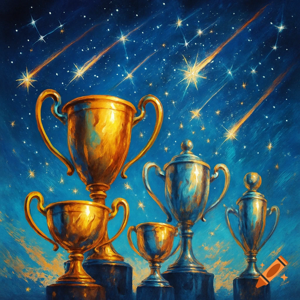 Golden and silver trophies stand under a starry night sky with shooting stars, in a painterly style.