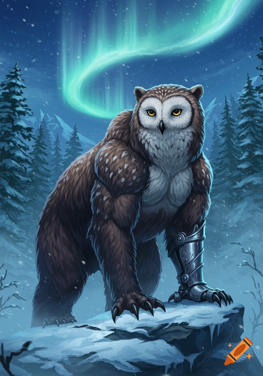 A muscular owlbear with an owl head and a metal leg stands on a snowy rock in a dark forest with a green aurora borealis, digital fantasy art.