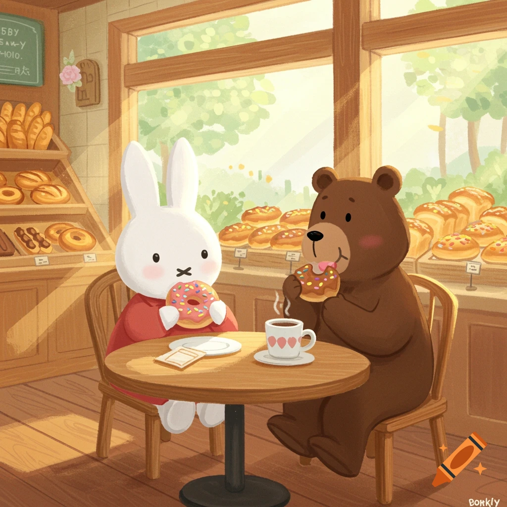 Miffy the white rabbit and Boris the brown bear eating donuts and coffee at a wooden table in a sunny bakery.