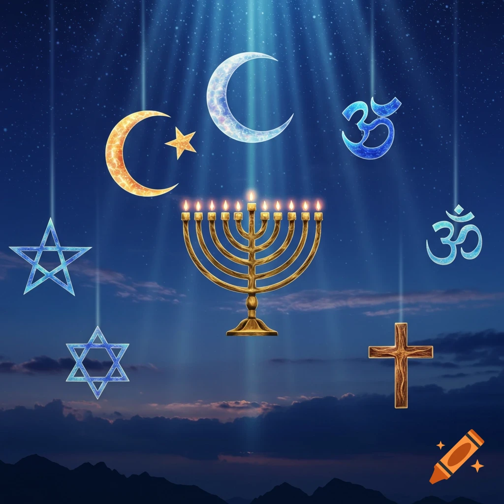 Various religious and spiritual symbols, including a menorah, crescent moon and star, Om symbols, pentagram, Star of David, and cross, illuminated by light rays in a night sky above mountain silhouettes.