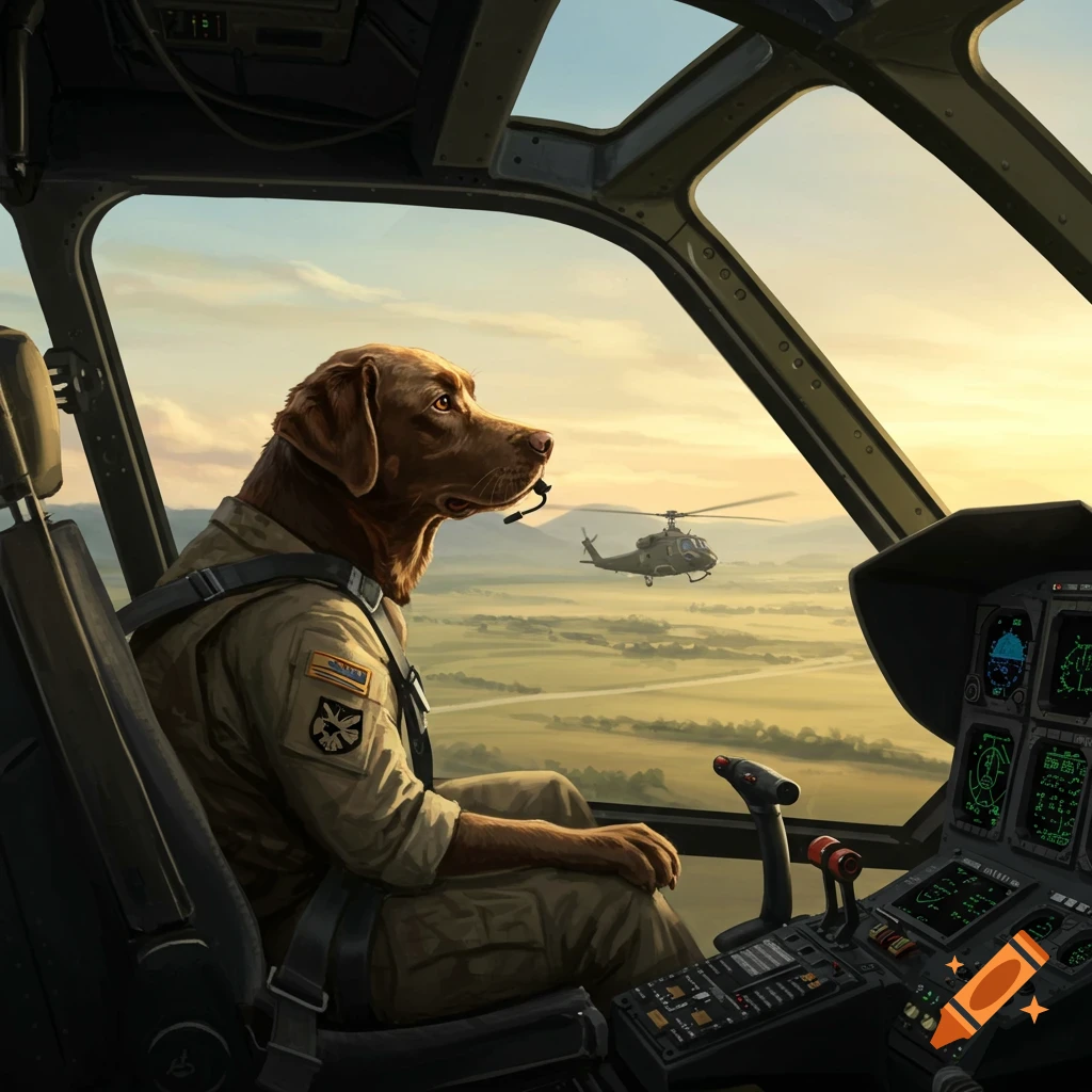 A chocolate lab wearing a military uniform pilots a helicopter at sunset, with another helicopter flying in the distance.