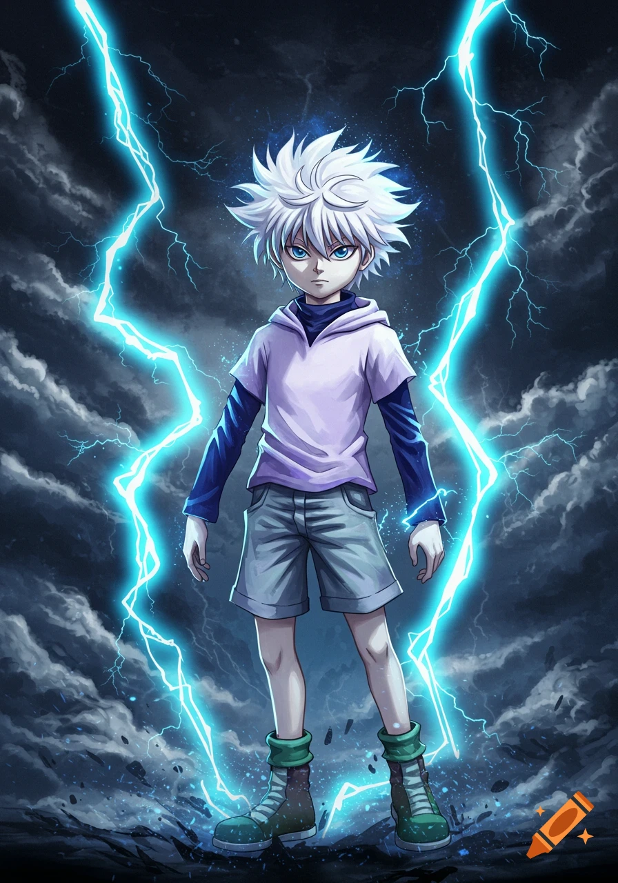 An anime boy with spiky white hair and blue eyes stands amidst bright blue lightning bolts and dark clouds.