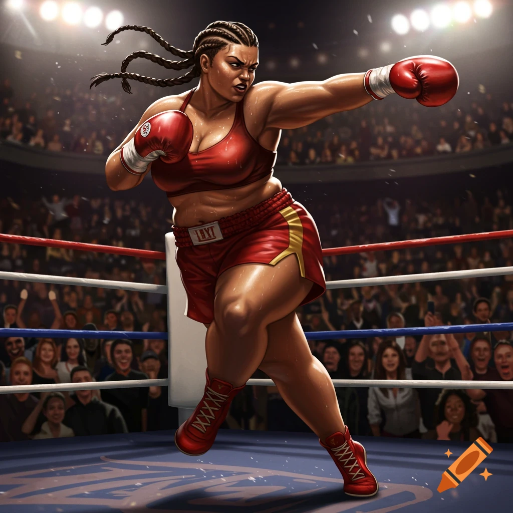 A powerful plus-size female boxer, with braided hair, throwing a punch in a vibrant boxing ring, surrounded by a cheering crowd. Stylized illustration.
