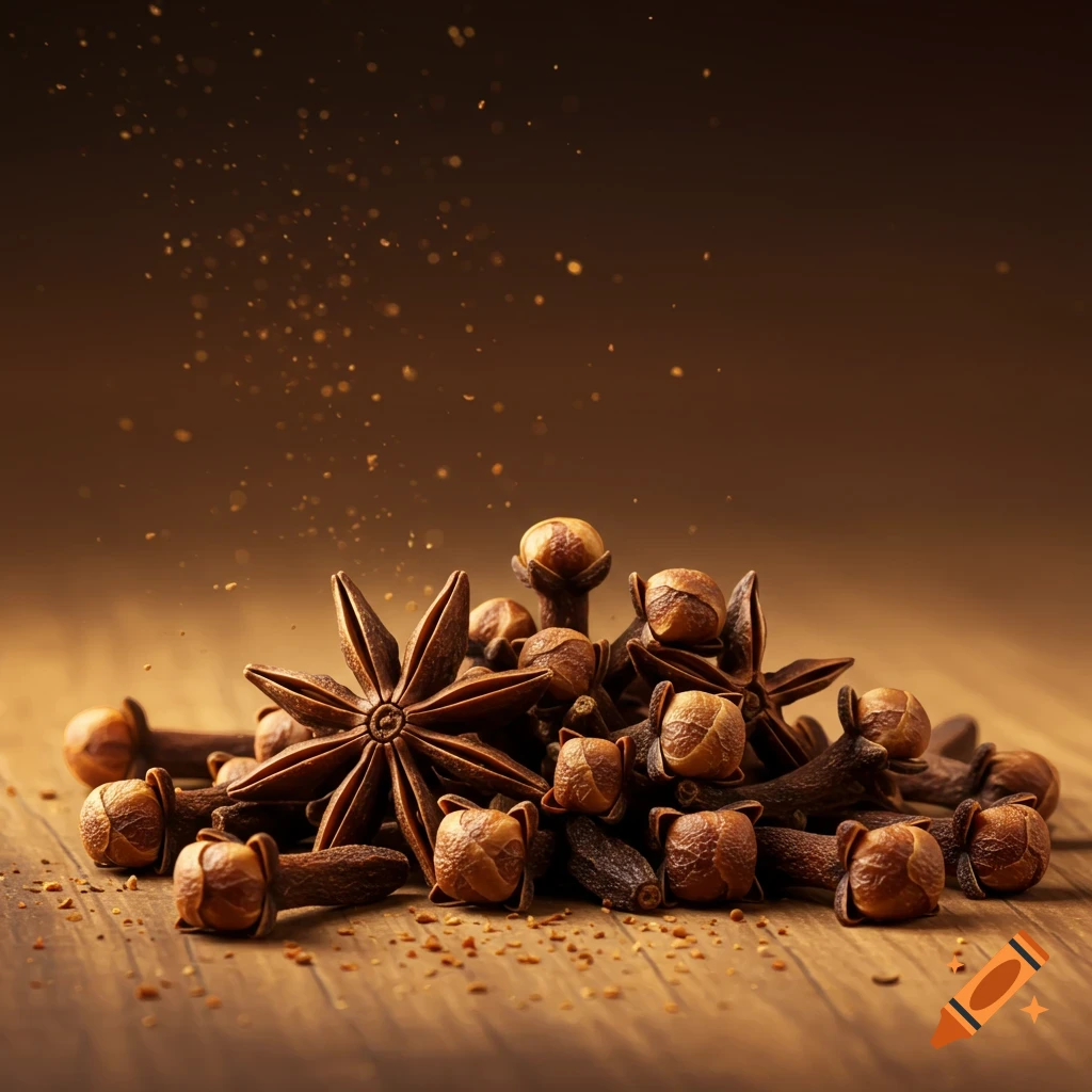 Close-up, photorealistic image of a pile of cloves and star anise on a wooden surface, with small particles floating above.
