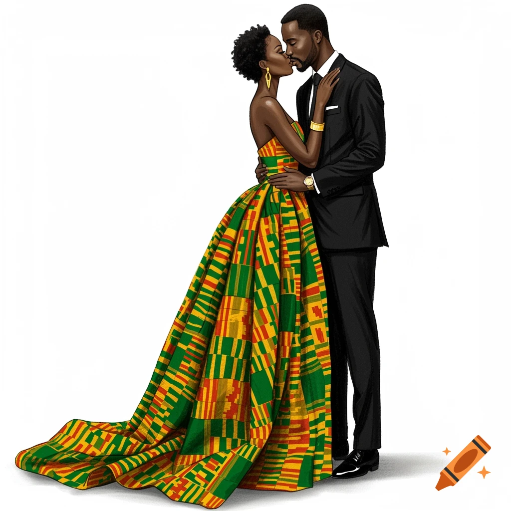 An elegant illustration of a Black couple embracing, the woman in a vibrant Kente cloth gown, the man in a black suit.
