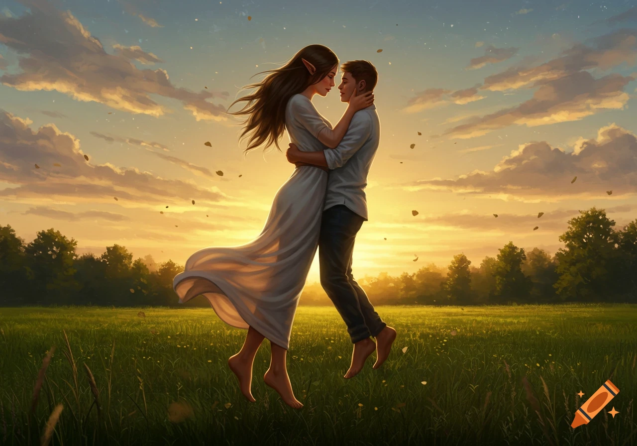 A tall elven woman in a white dress embraces a shorter man in a green field at sunset. They float slightly above the ground, with petals falling around them.