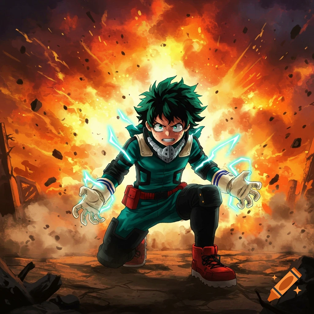 Anime character Deku in a green suit, crouching with blue energy emanating from hands, against a fiery explosion background.