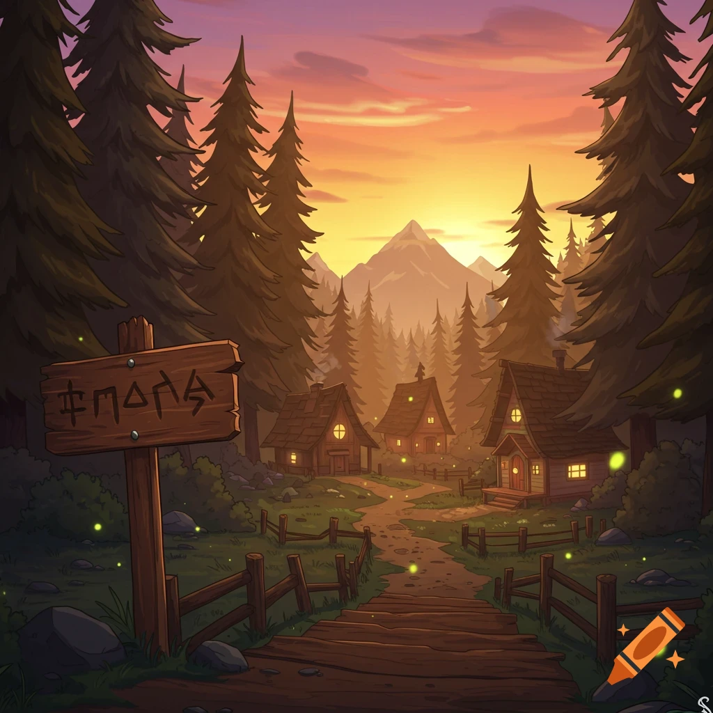 A cartoon forest landscape with a sunset sky over mountains. A wooden sign with gibberish text stands next to a dirt path leading to cozy cabins with glowing windows and fireflies.