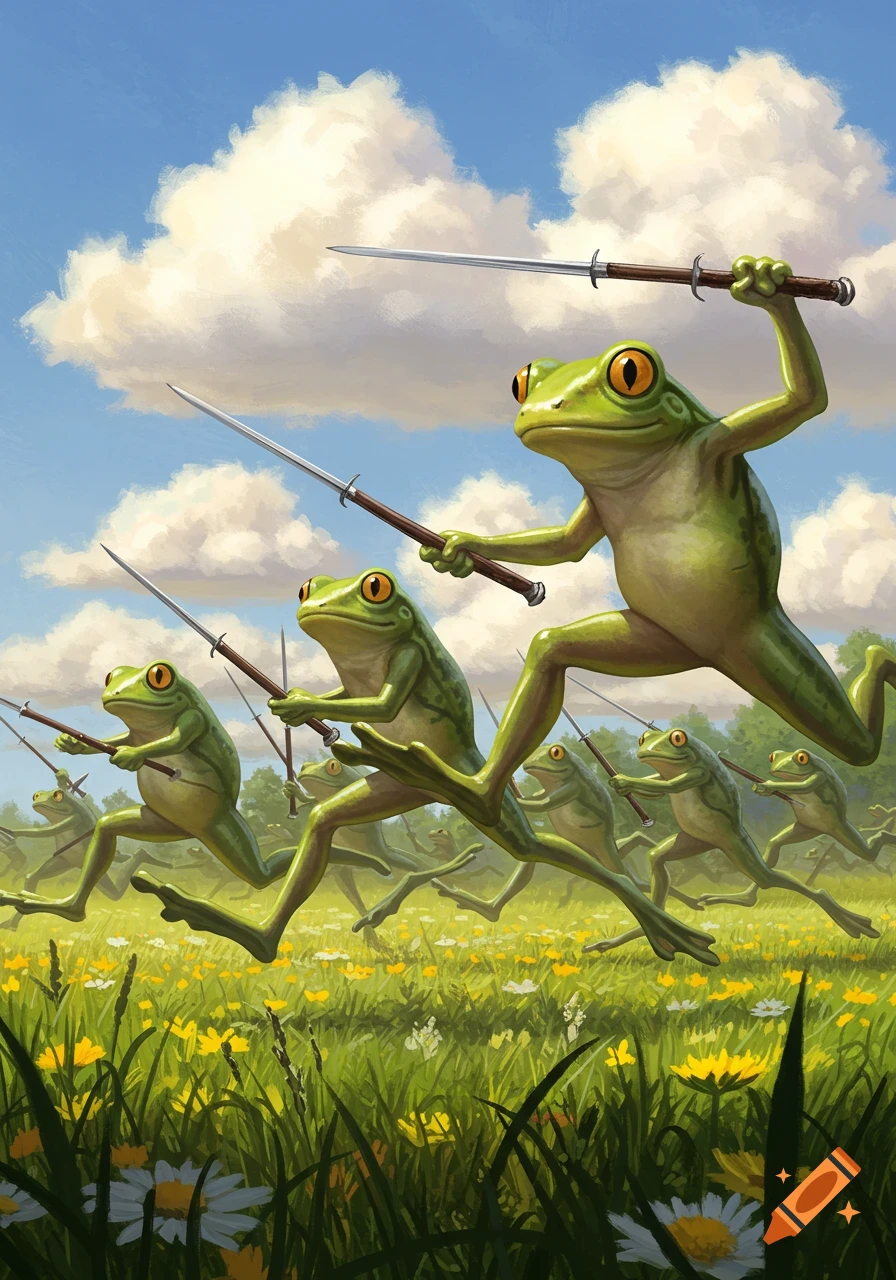 A whimsical illustration of green frogs with swords charging through a field of wildflowers under a bright blue sky.