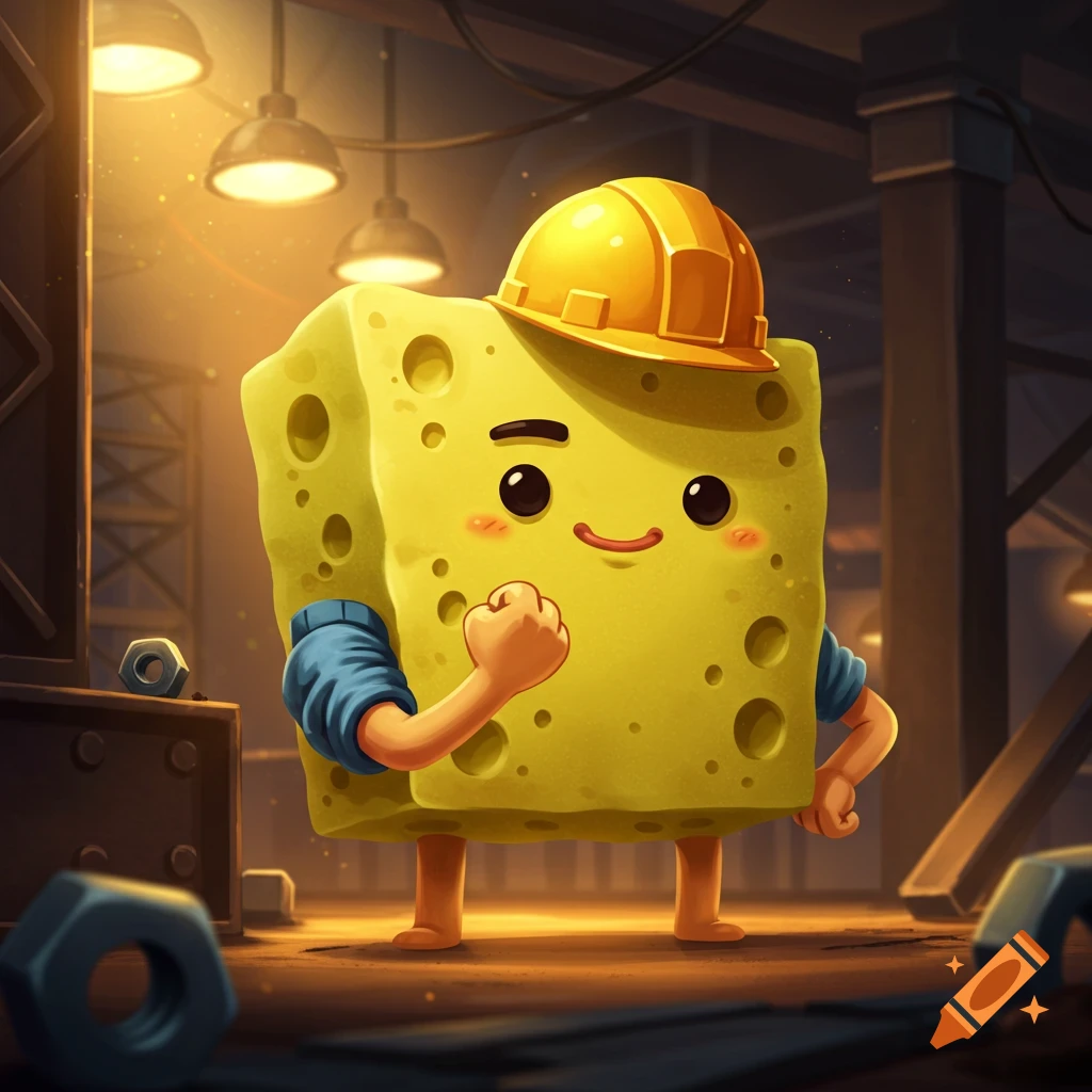 A cartoon square sponge character wearing a yellow hard hat, flexing an arm in a Rosie the Riveter pose, in a glowing industrial setting.