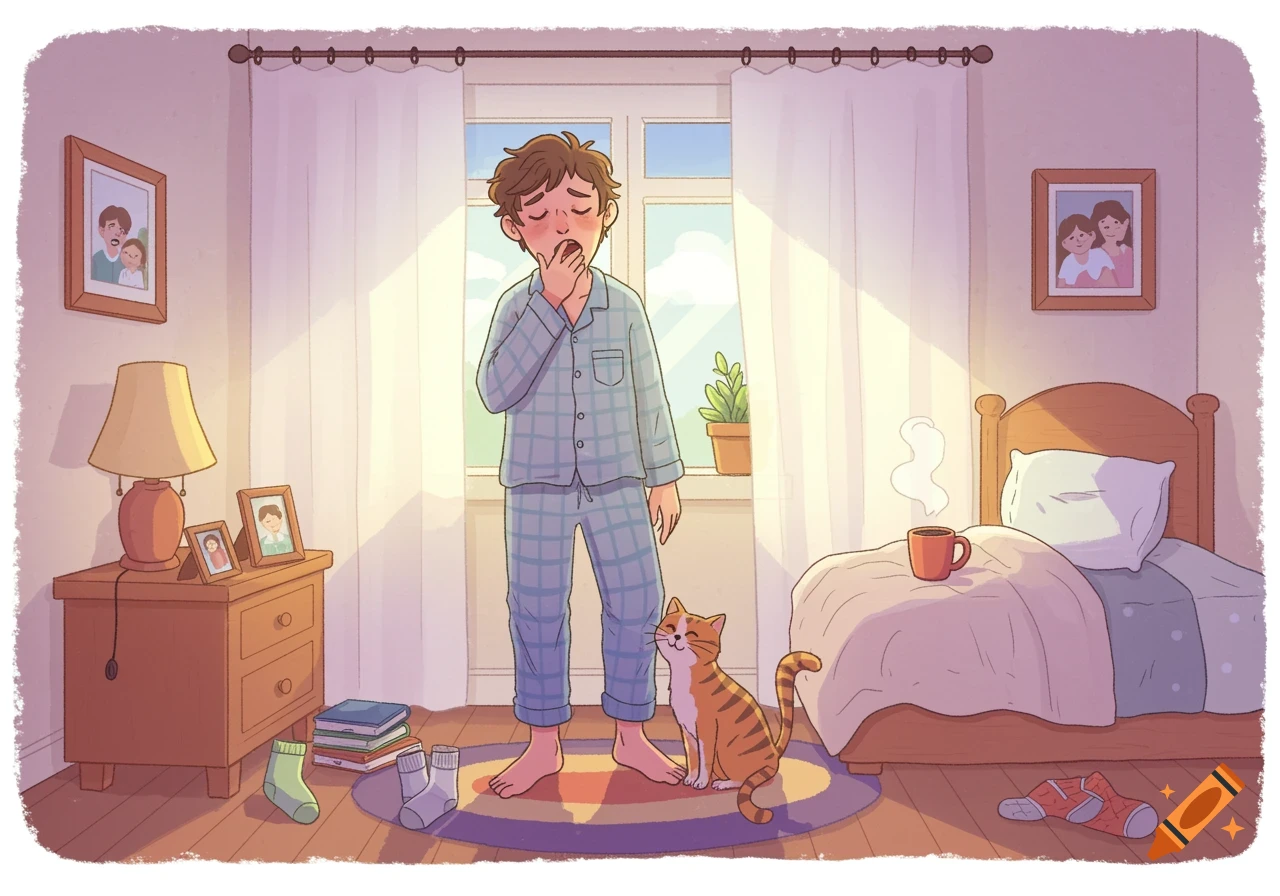 Cartoon man in blue plaid pajamas yawning in a sunlit bedroom, with a striped cat sitting at his feet near a bed with a steaming mug.
