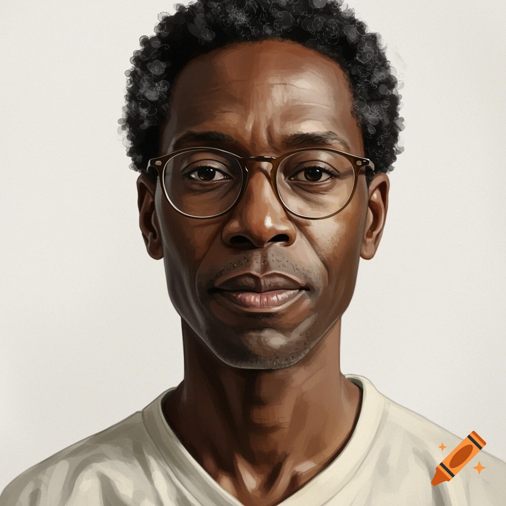 Painterly portrait of an African American man in his 40s with glasses and curly hair, against a plain background.